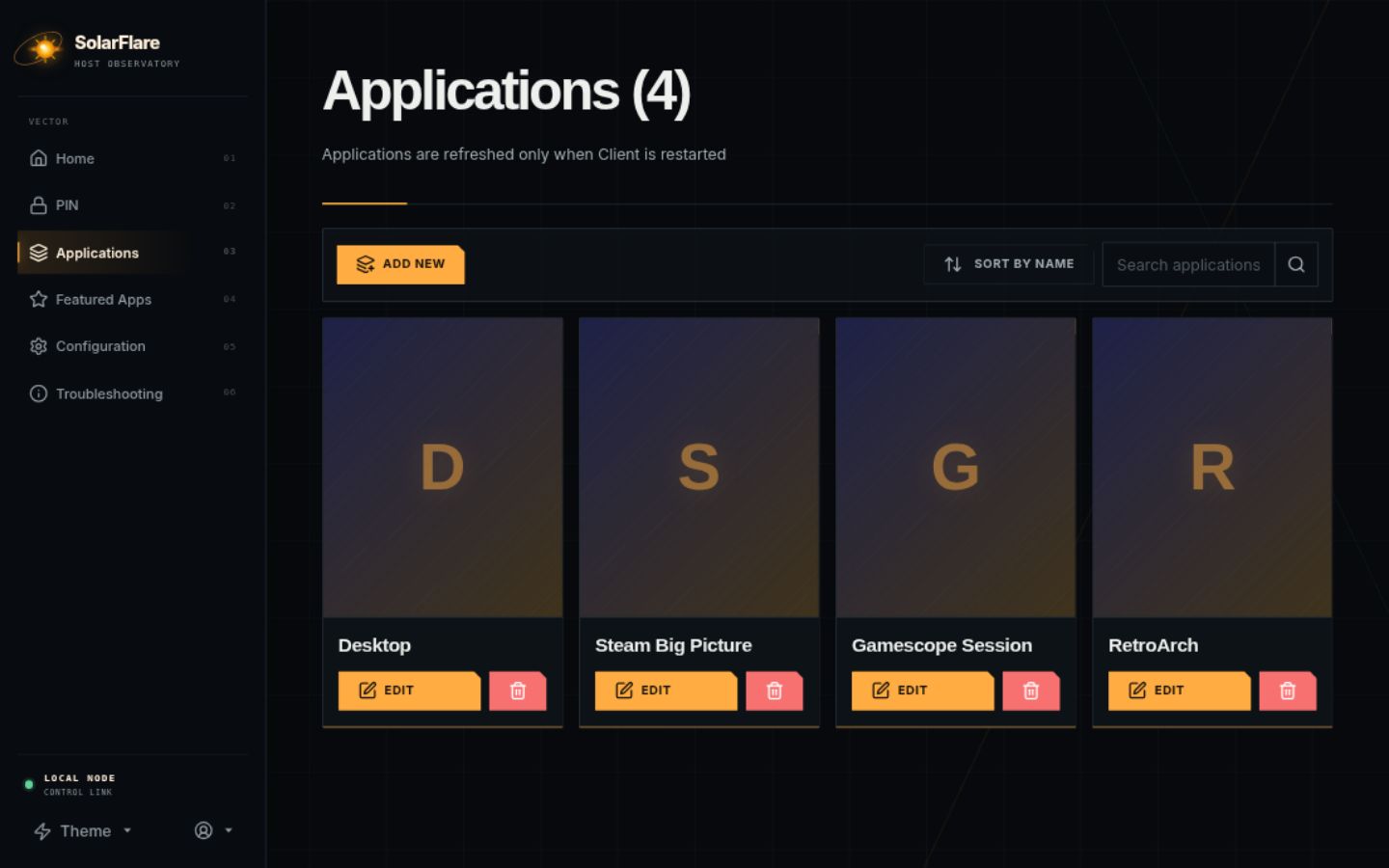 SolarFlare Web UI applications editor