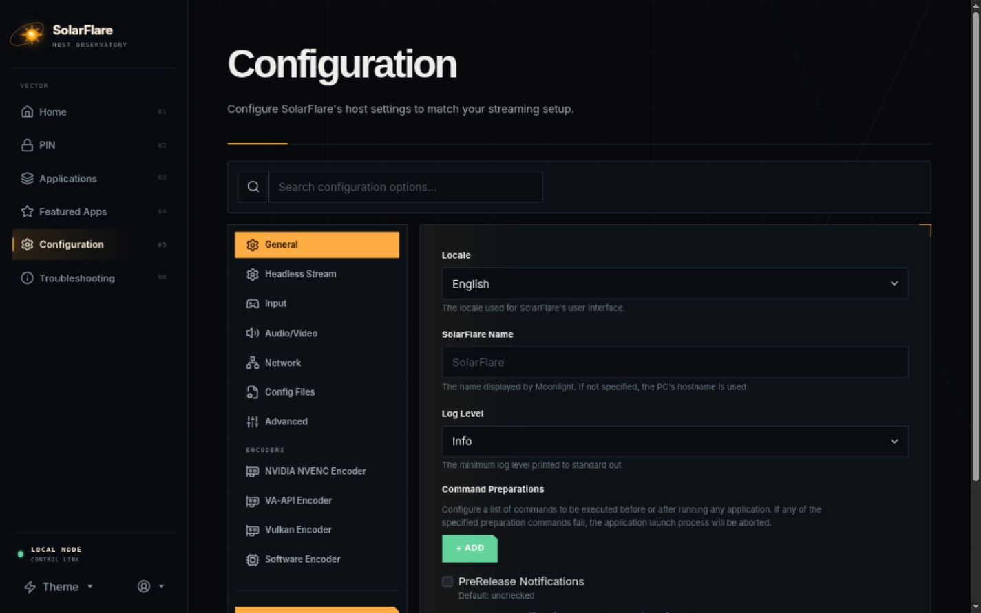 SolarFlare Web UI configuration page