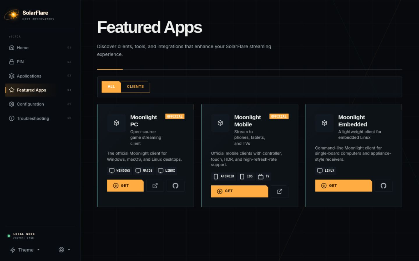 SolarFlare Web UI featured applications view