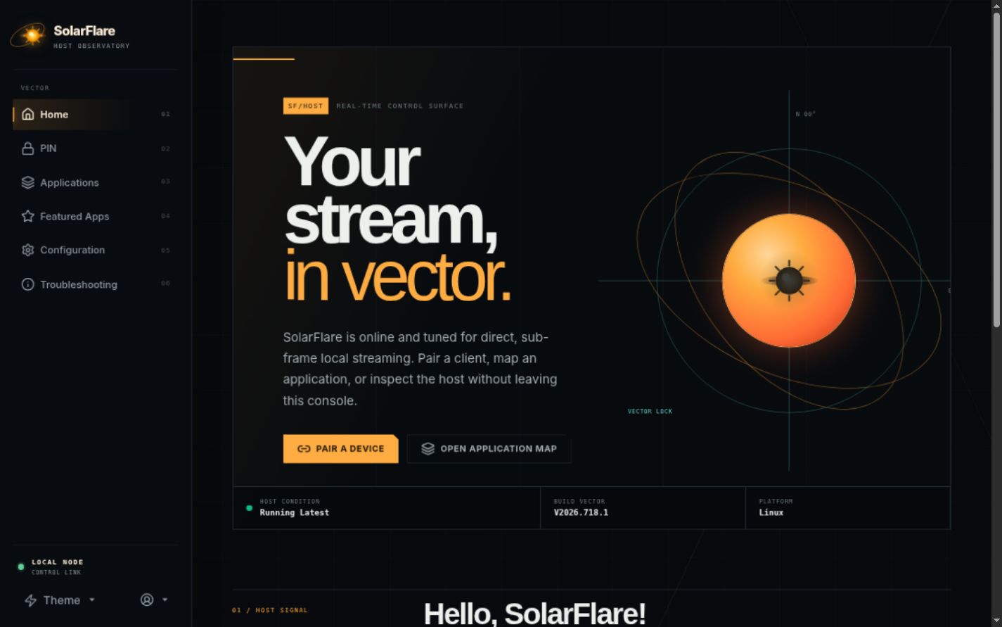 SolarFlare Web UI home screen with sidebar navigation and host status controls.