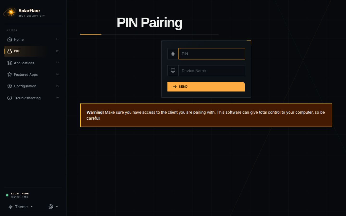 SolarFlare Web UI PIN pairing form
