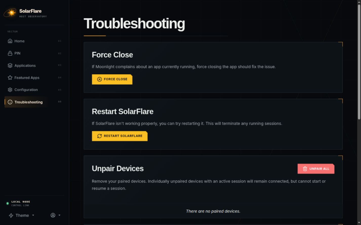 SolarFlare Web UI troubleshooting page