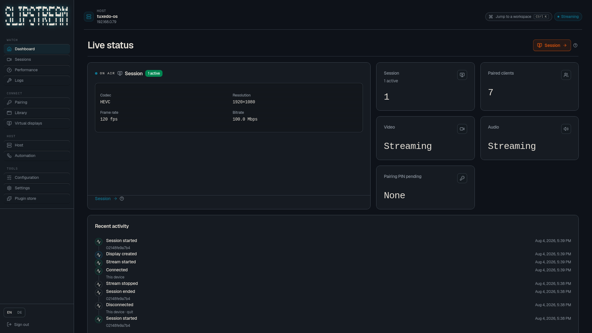 Slipstream host dashboard showing stream health and connected clients